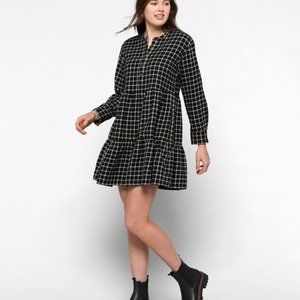 Madewell Flannel Button-Placket Tiered Mini Dress in Windowpane L